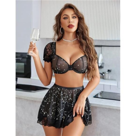 Women Sexy Mesh Top Lingerie Skirts 3 Piece Black star - Picture 2 of 6